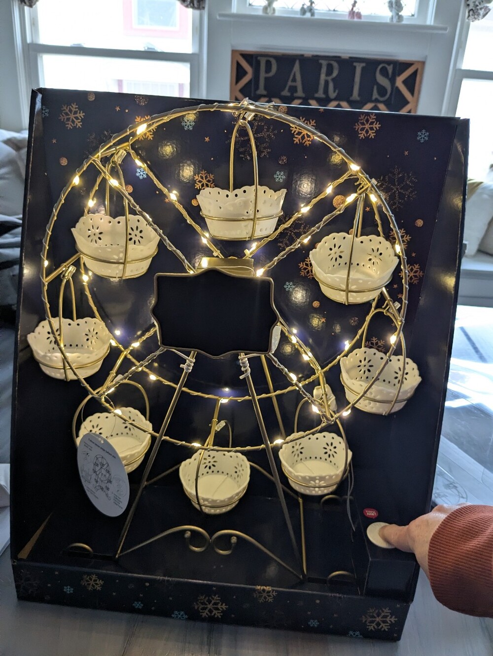 Festive Light Up Gold Ferris Wheel Cup Holder with White Baskets
